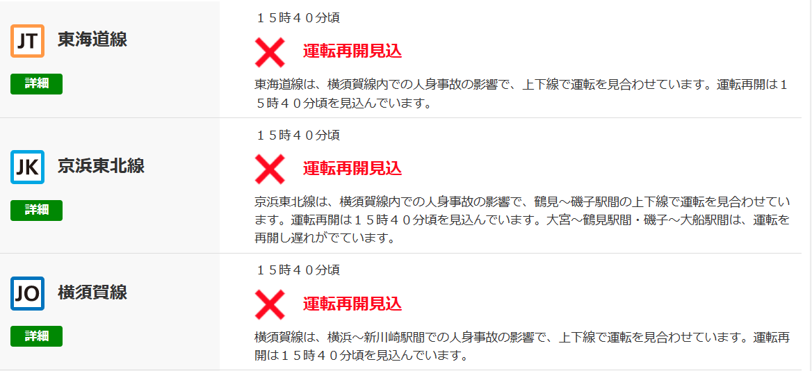 योकोसुका लाइन अन्तरगत कुरिहामा देखि टोकियो सम्मको रेलसेवा अबरुद्द